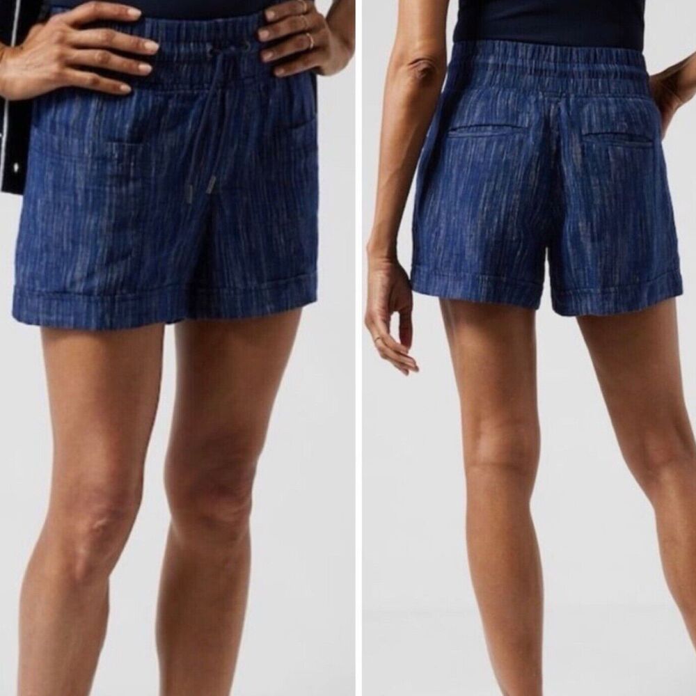 Athleta Linen Blue Cabo Marled Shorts Size 2 Drawstring Pockets Preppy